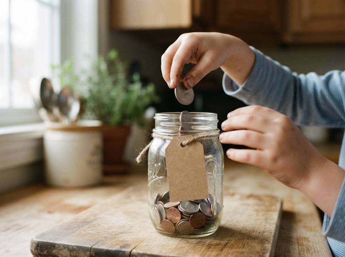 A child's hands placing coins into a glass savings jar on a kitchen counter.