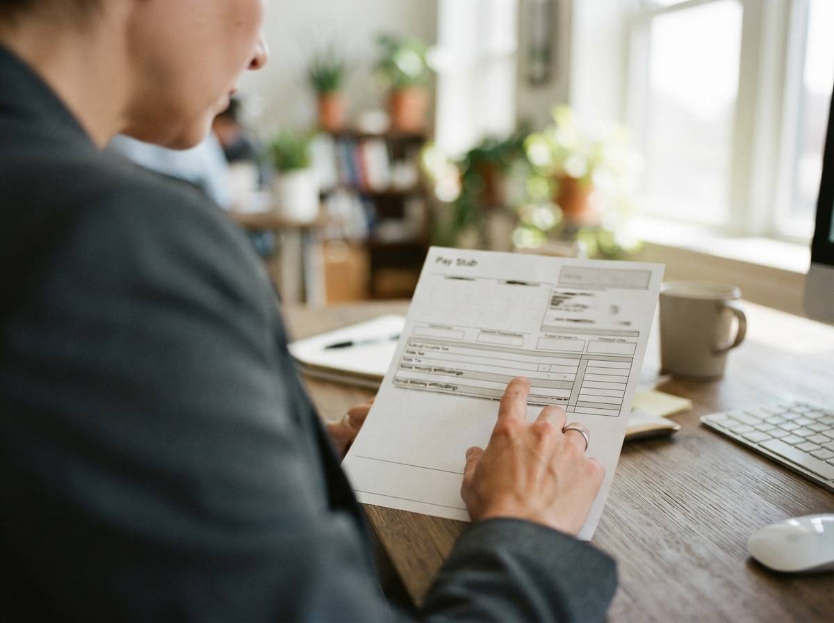 A close up of a hand pointing to deduction lines on a printed pay stub.','articletags1':'pay stub, gross pay, net pay, payroll deductions, FICA taxes