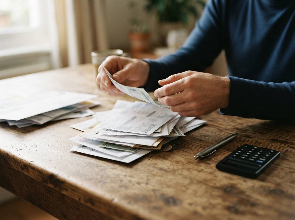 A close up of hands sorting through a stack of paper bills on a table.