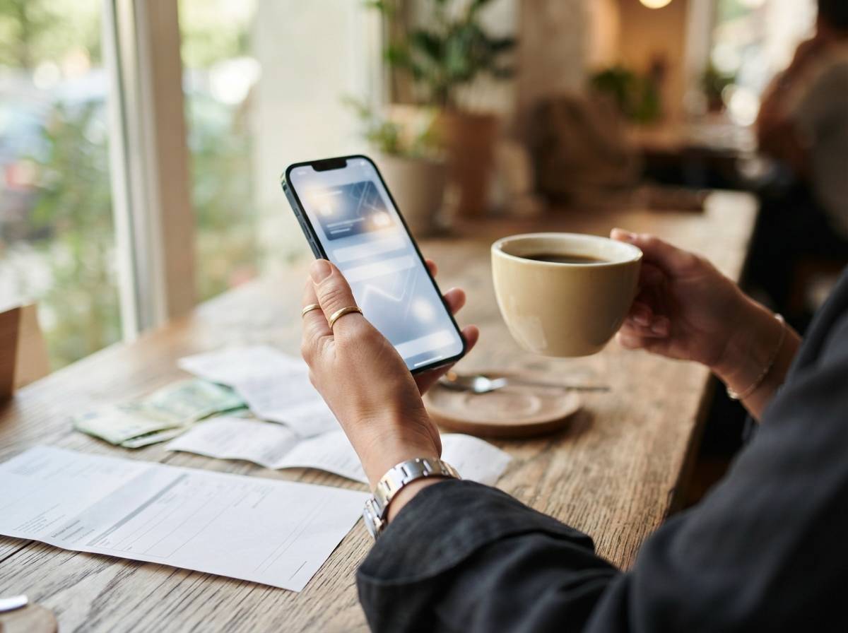 A couple reviews bills and a payment app together at home.
