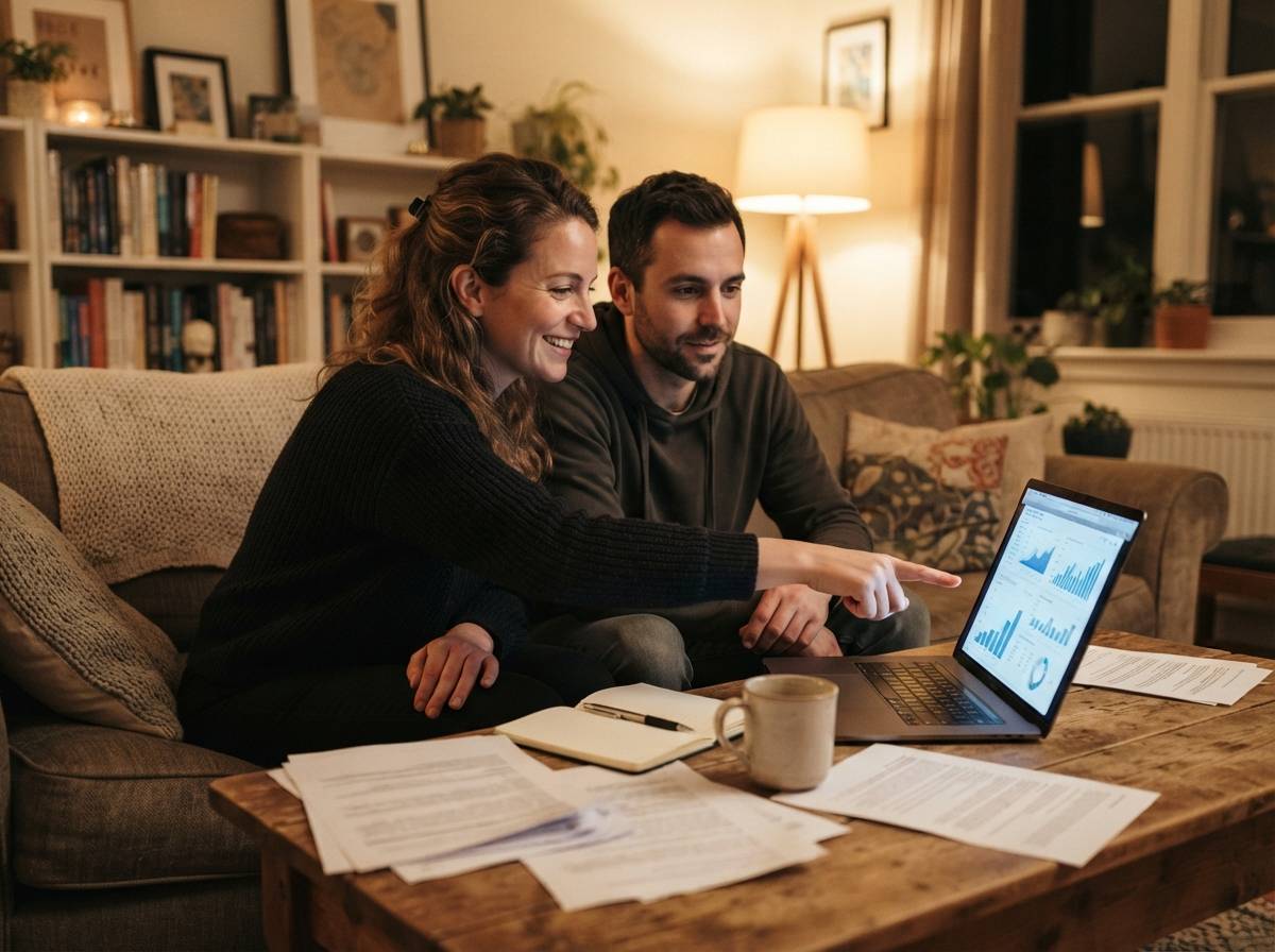 A couple reviews financial documents and a laptop together on their living room couch.