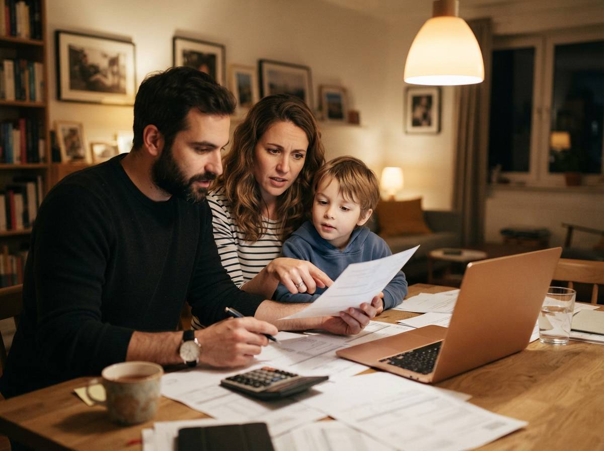 A family sits together at a dining table looking over a printed household budget under warm lamp light.