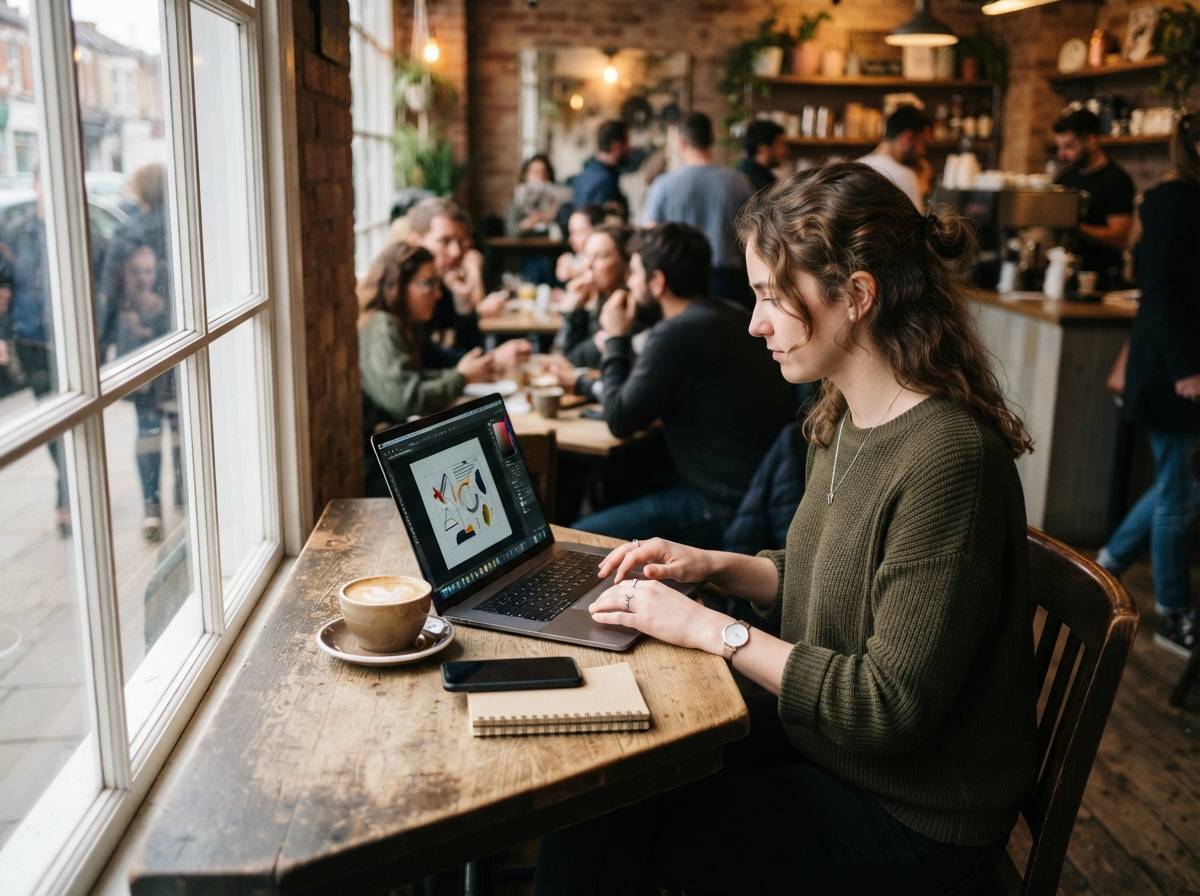 A freelancer works on a laptop at a coffee shop table with a cup of coffee nearby.