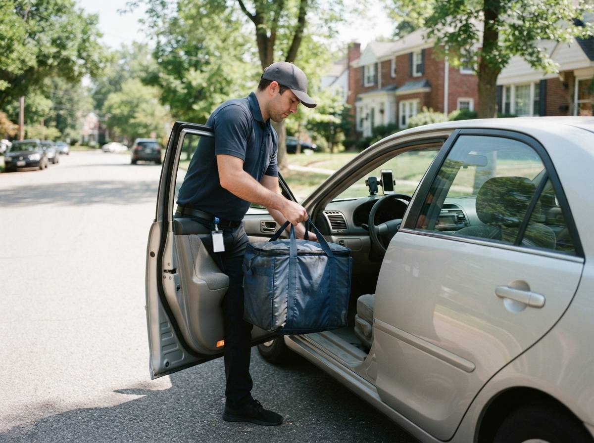 A gig worker loads a food delivery bag into a car before starting a delivery shift.
