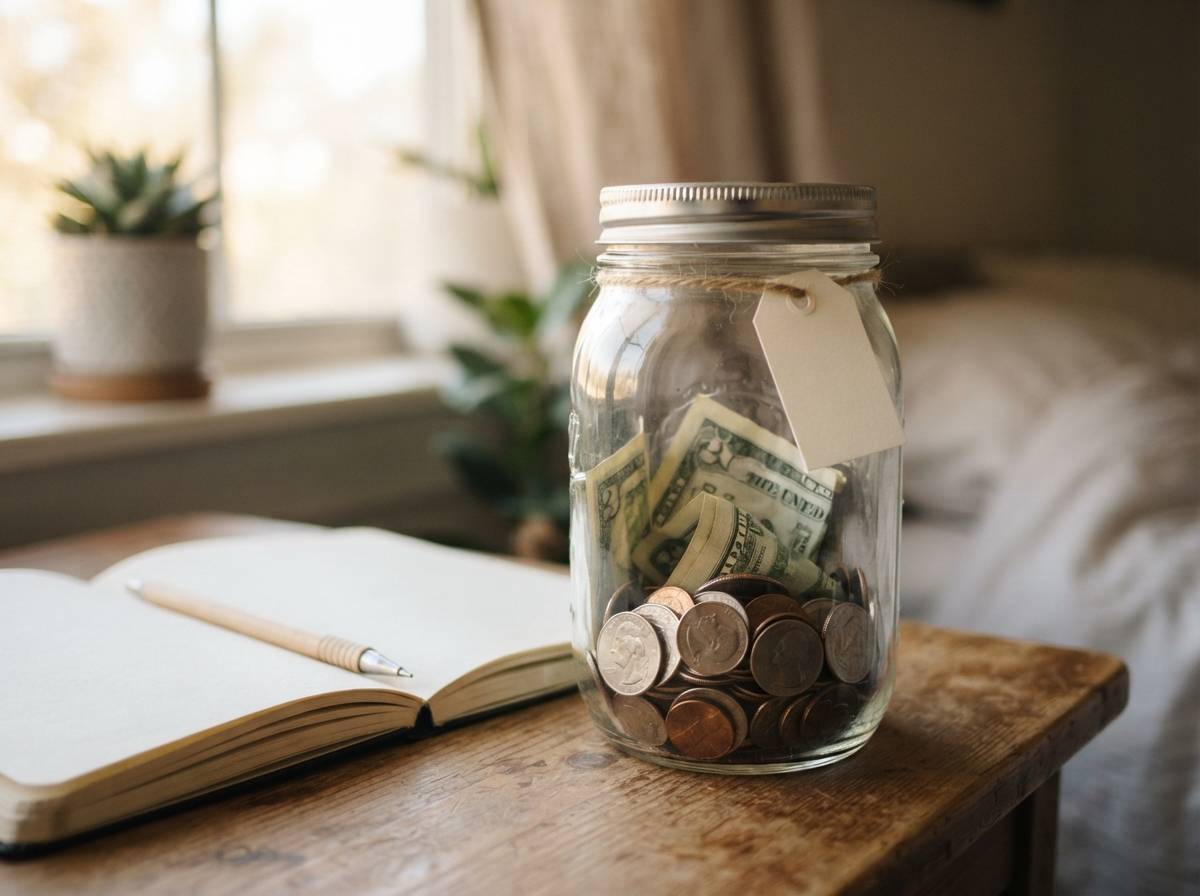 A glass jar partly filled with cash sits on a desk as part of a savings goal.
