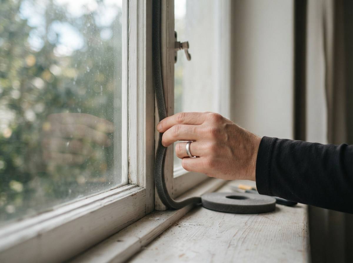 A hand applying weather stripping tape to seal a window frame.