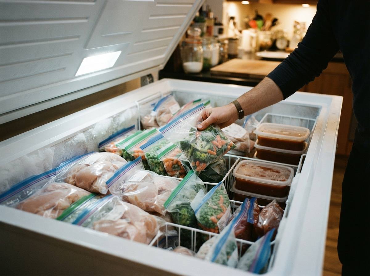 A hand reaching into a home freezer stocked with labeled bags of frozen chicken, vegetables and sauce.