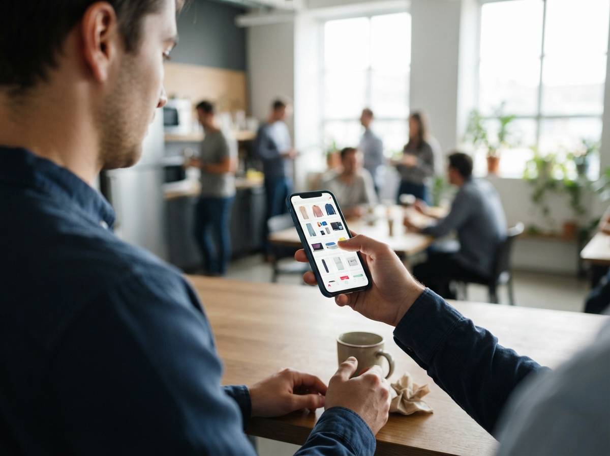 A man checks Cyber Monday deals on his smartphone during a work break.