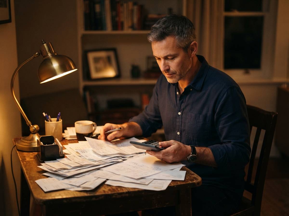 A man reviews a stack of household bills with a calculator at his desk.