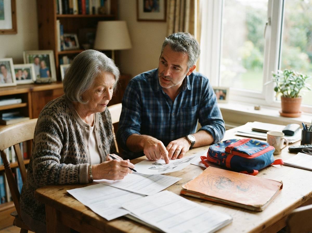 A man reviews paperwork with his elderly mother at a table with a child's school backpack nearby.