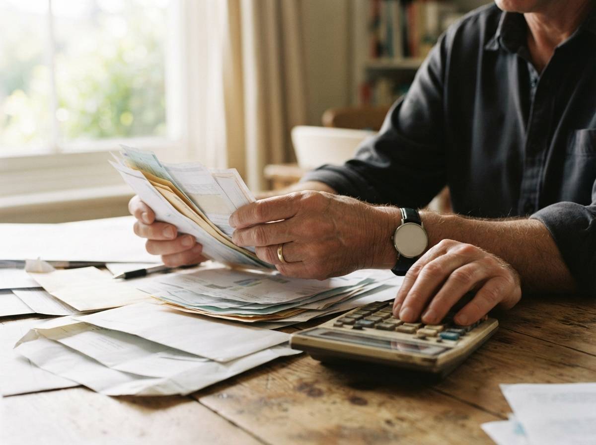 A man's hands sort through bills and a calculator at a sunlit desk.