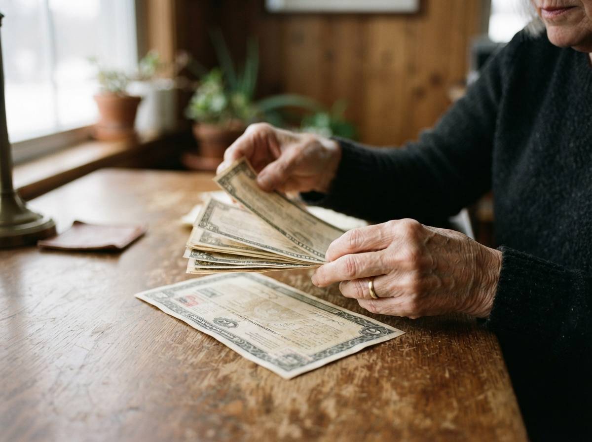 A middle aged couple reviews financial statements together at their kitchen table.