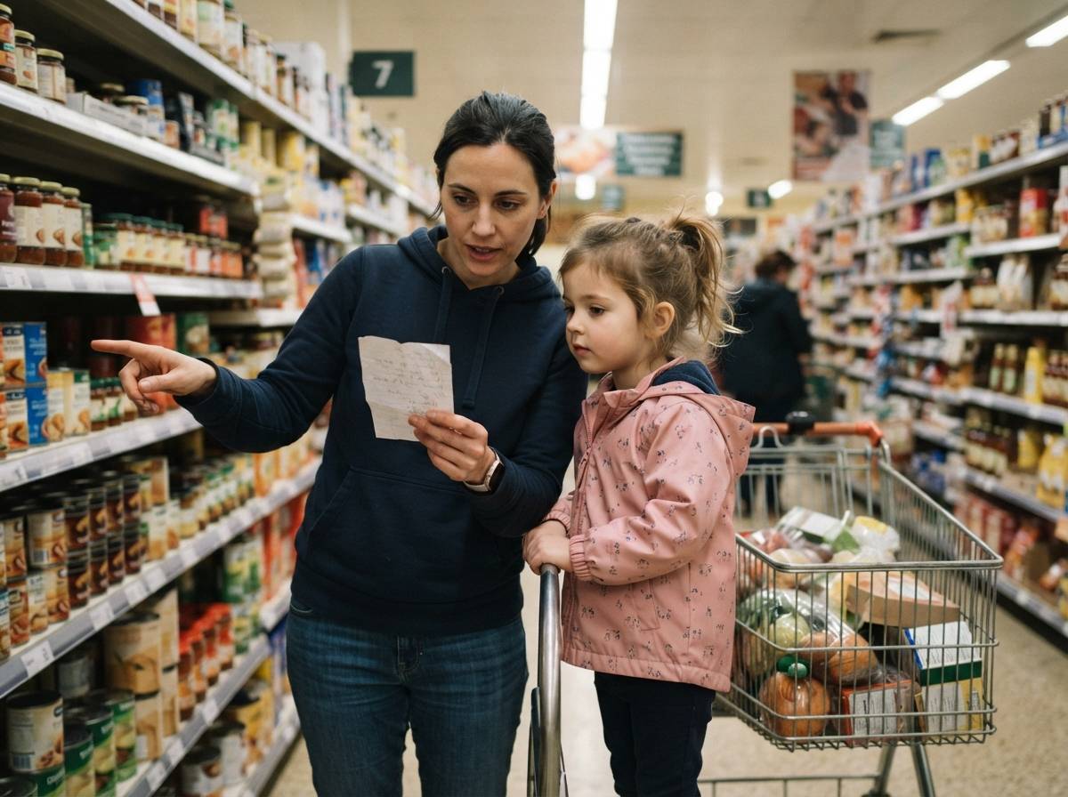 A parent and child check prices against a shopping list in a grocery store aisle.
