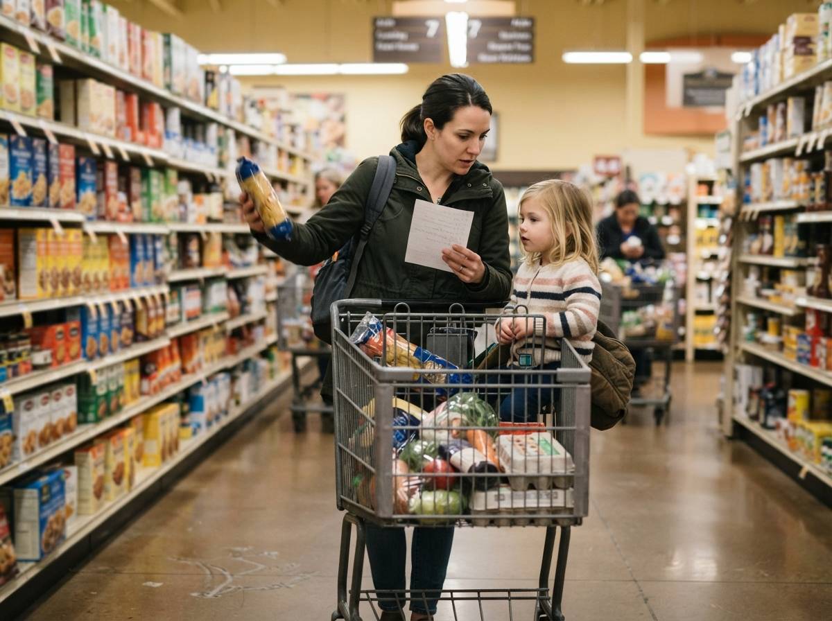 A parent and child walk through a grocery store aisle checking items against a shopping list.
