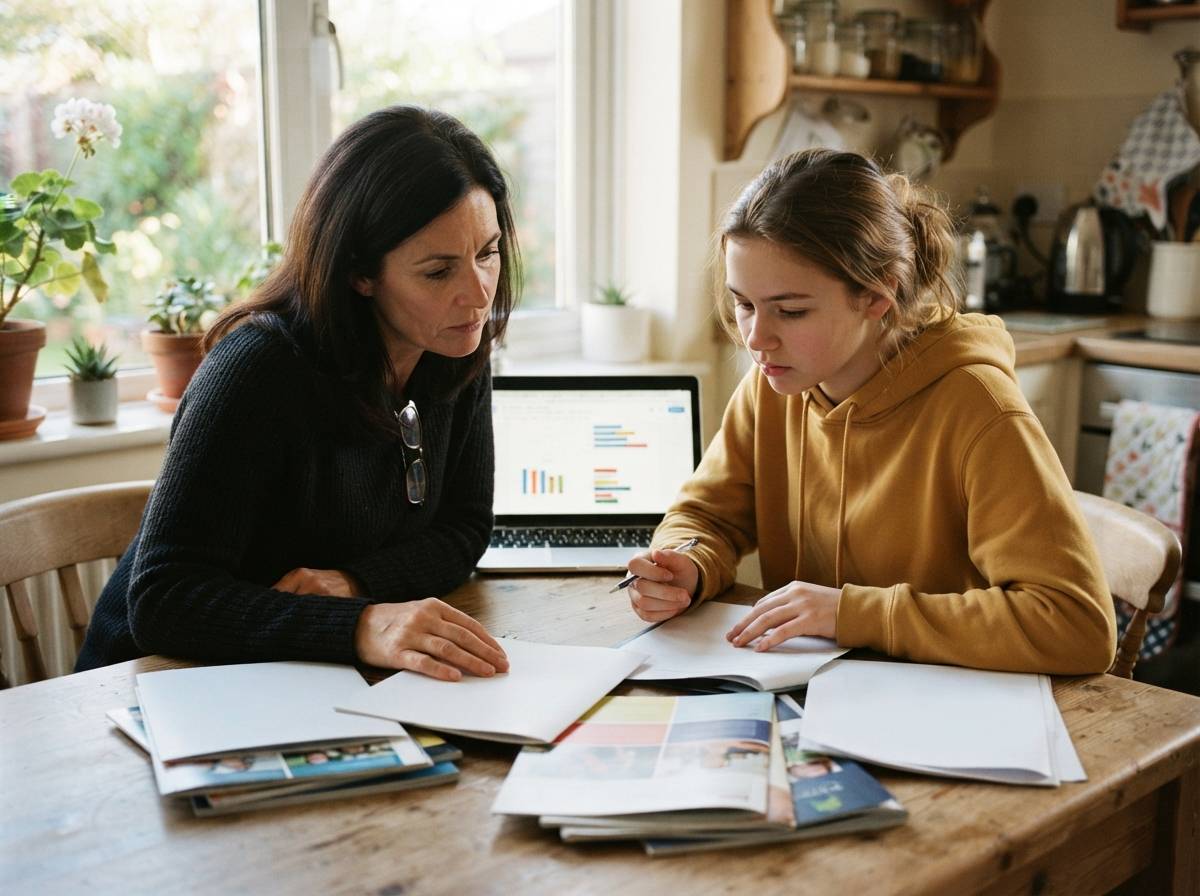 A parent and teenager look over college brochures and a laptop at a kitchen table.