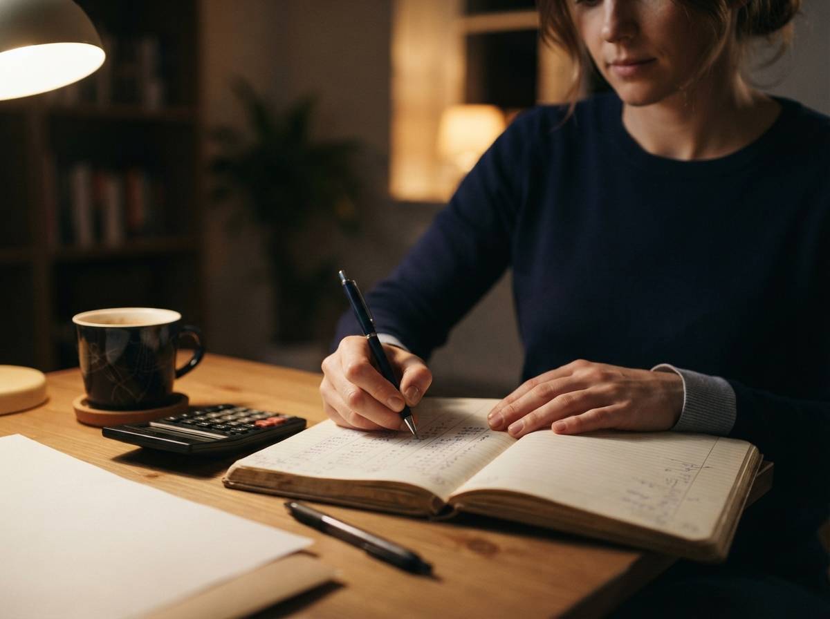 A person calculates savings goals by hand at a home desk late at night.