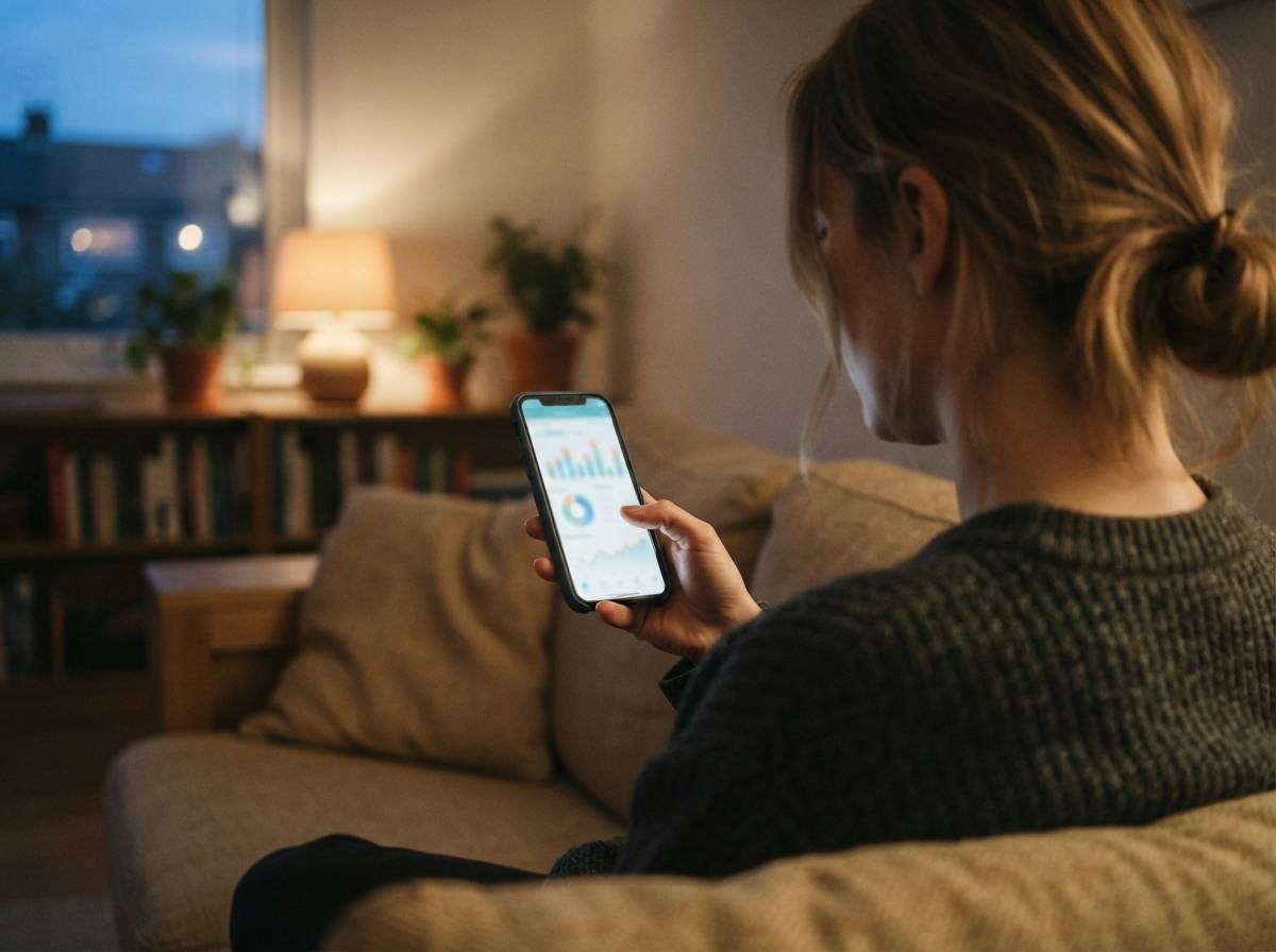 A person checks a savings tracking app on their phone at home.