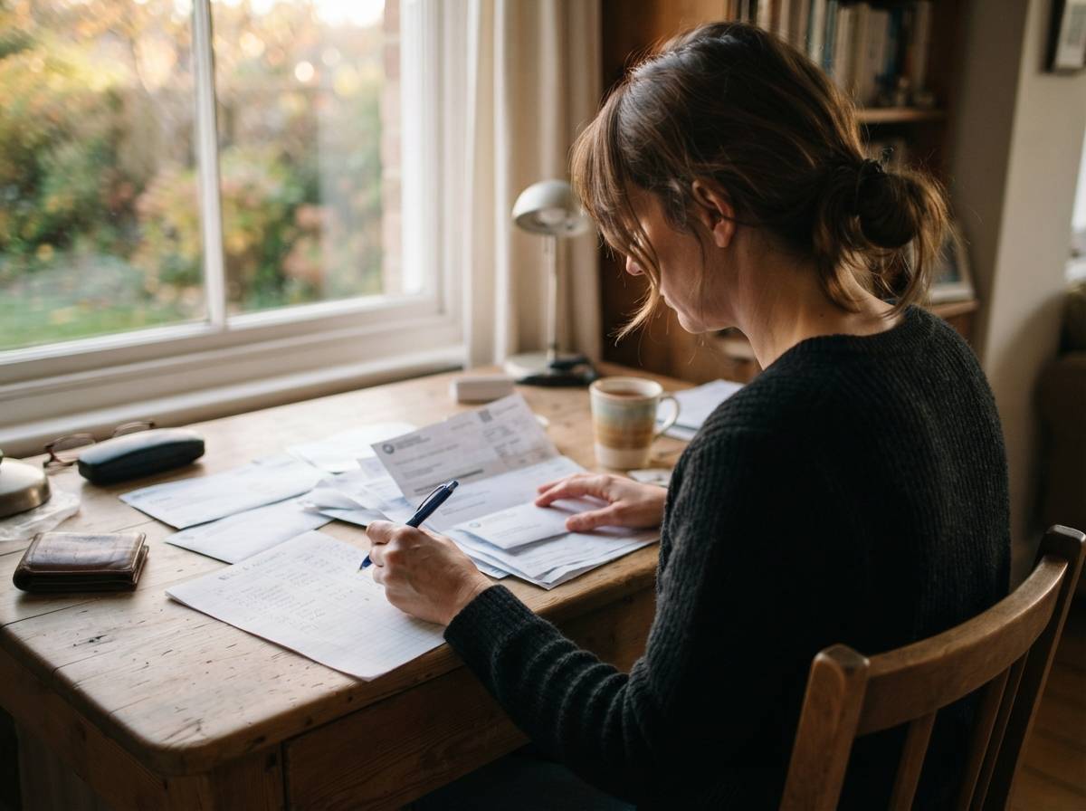 A person checks household bills and statements at a desk.