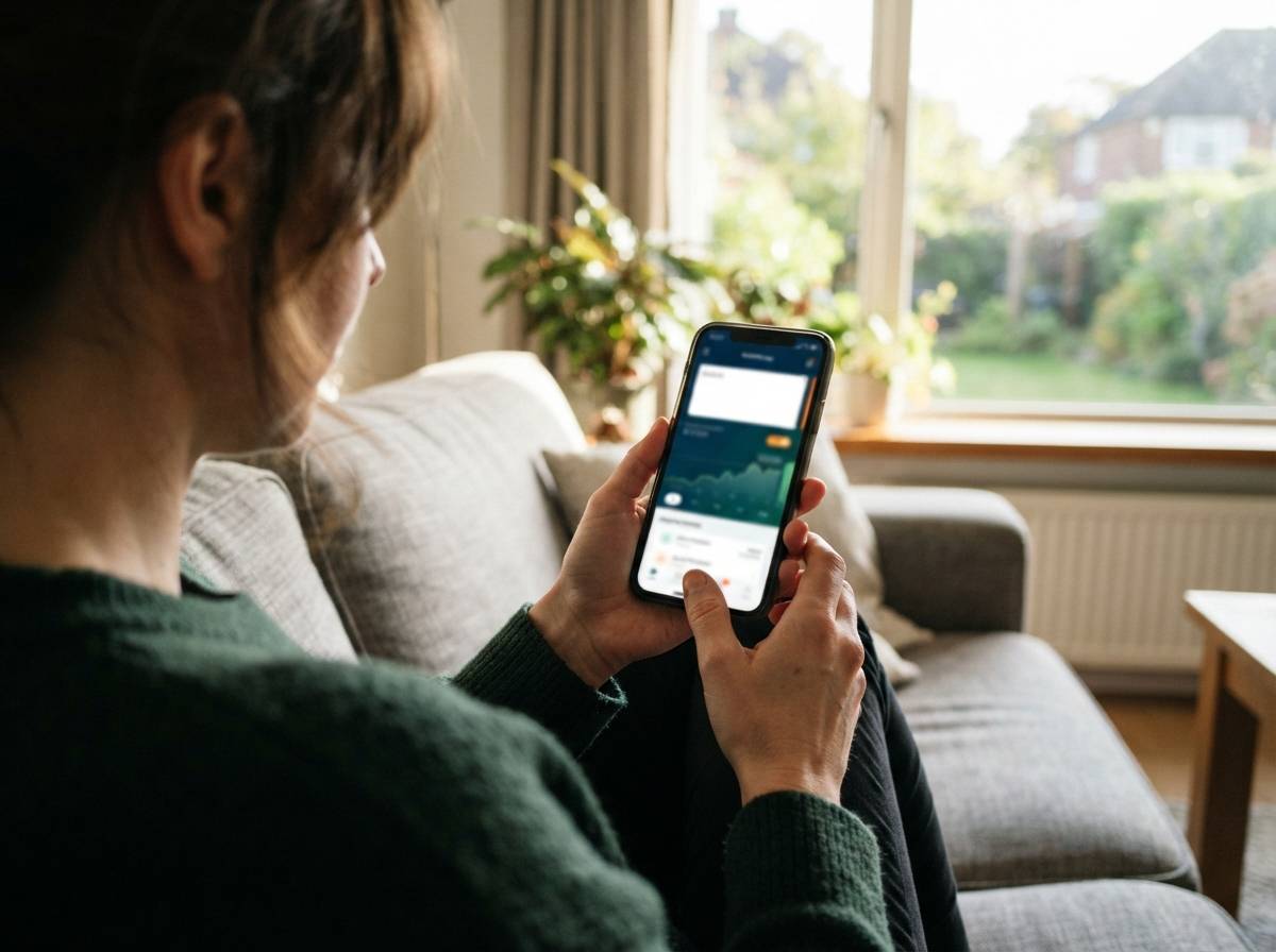 A person checks their savings account balance on a banking app while relaxing at home.