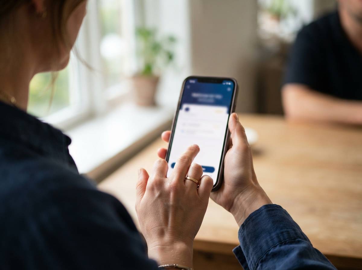 A person checks their savings account balance on a mobile banking app at home.