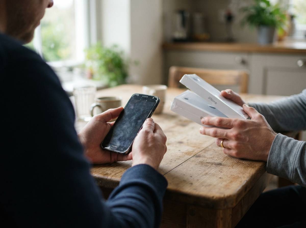 A person holds a worn budget smartphone beside a new flagship phone box on a table.