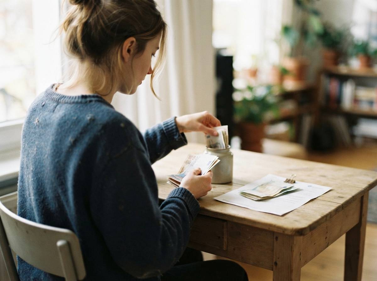 A person organizes household bills and sets aside money at a desk.
