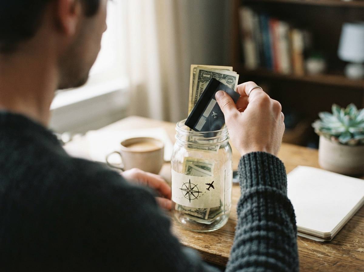 A person places cash into a labeled travel savings jar on a home desk.