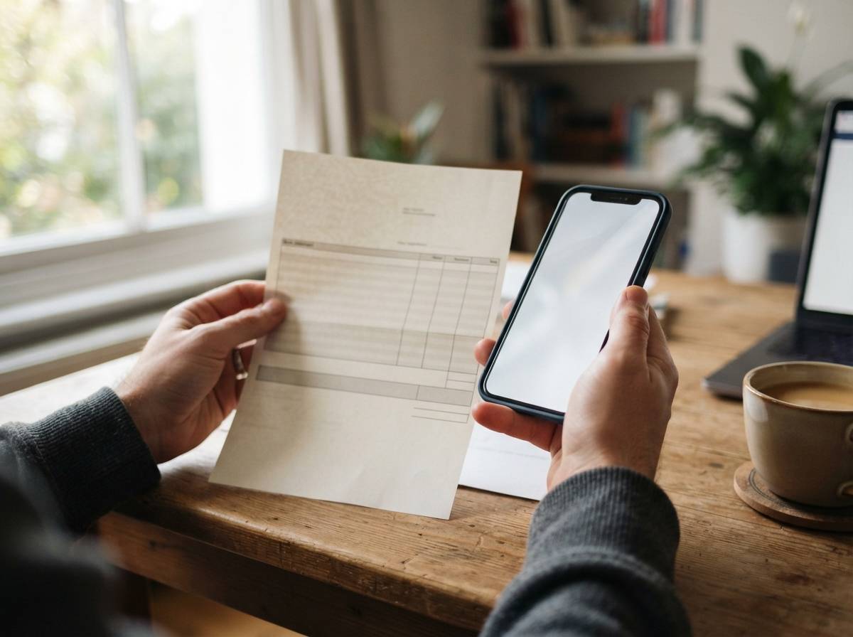 A person reviews a printed bank statement alongside a smartphone showing their savings account balance at a home desk.