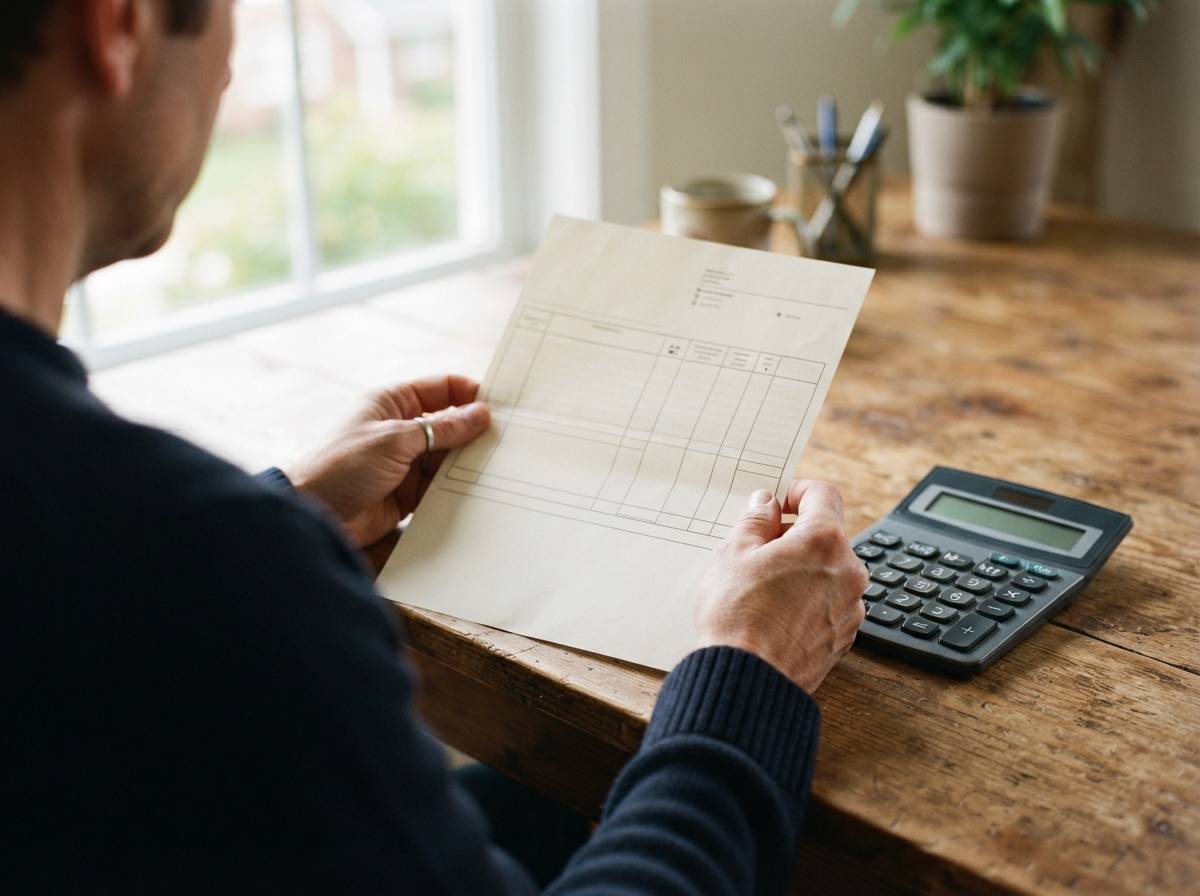 A person reviews a printed savings account statement beside a calculator on a desk.