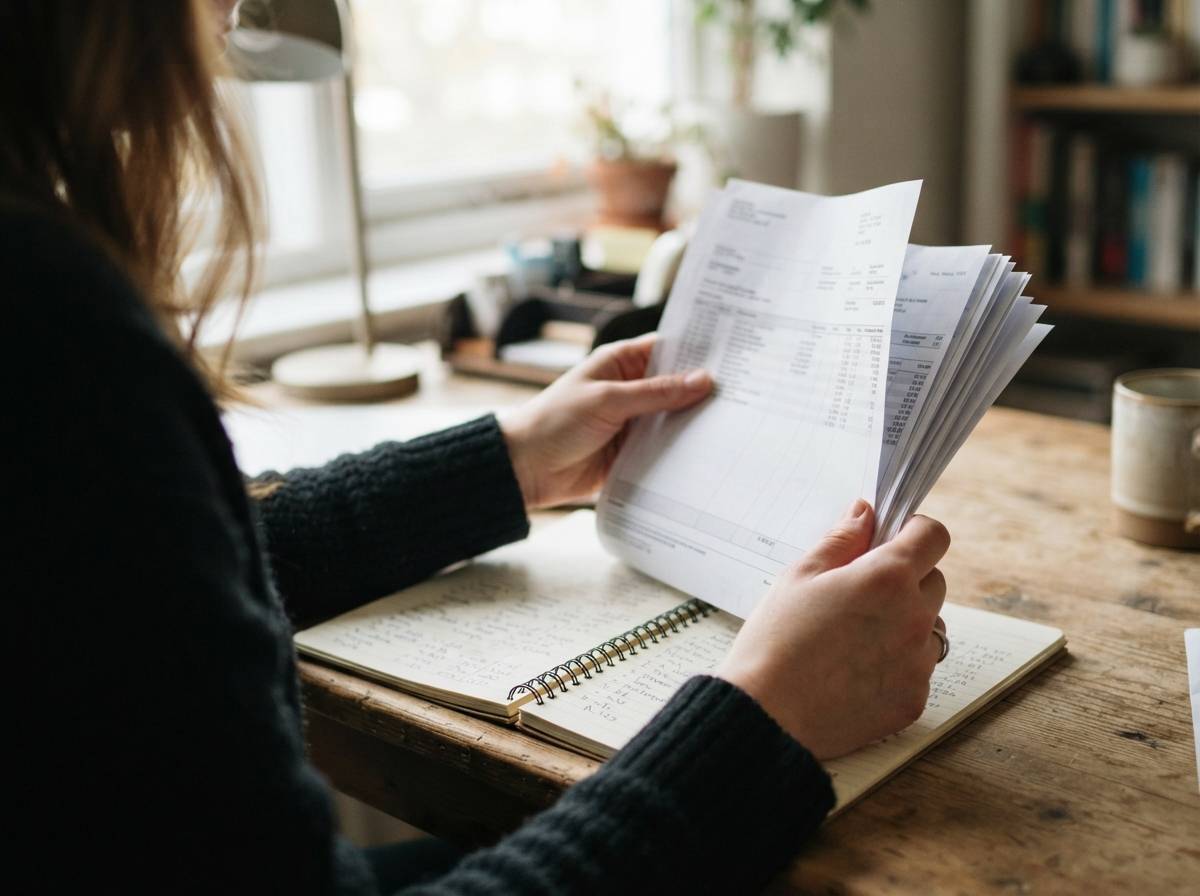 A person reviews printed bank statements and handwritten budget notes at a home desk.