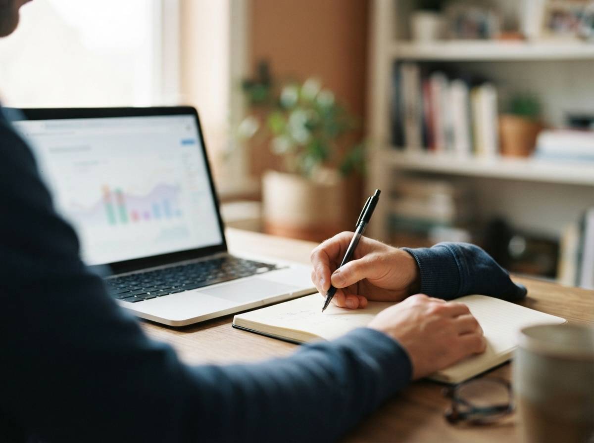 A person writes budget figures in a notebook beside a laptop showing retirement account information.