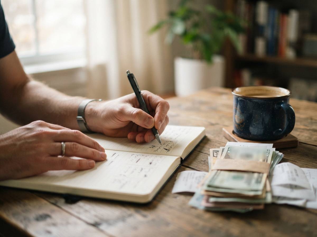 A person writes budget figures in a notebook beside a stack of household bills.