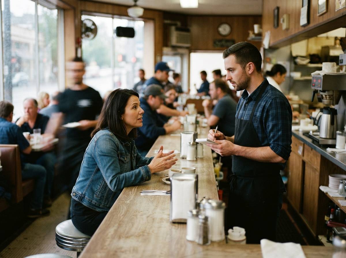 A restaurant worker takes a customer's order at a diner counter during a busy lunch shift.