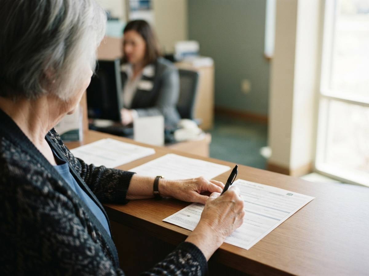 A retiree fills out a savings transfer form at a bank branch counter.