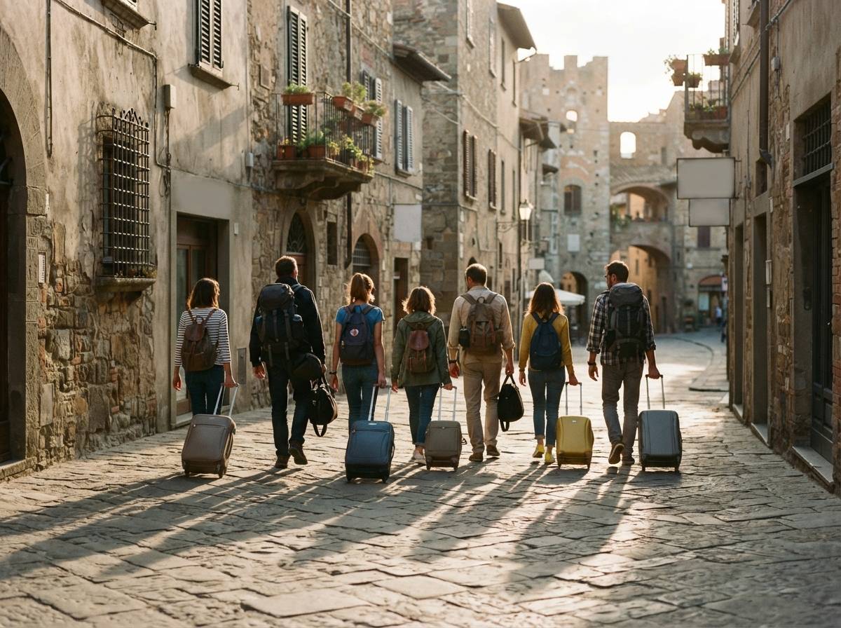A small group of tourists with luggage walks together down a cobblestone street in the late afternoon light.