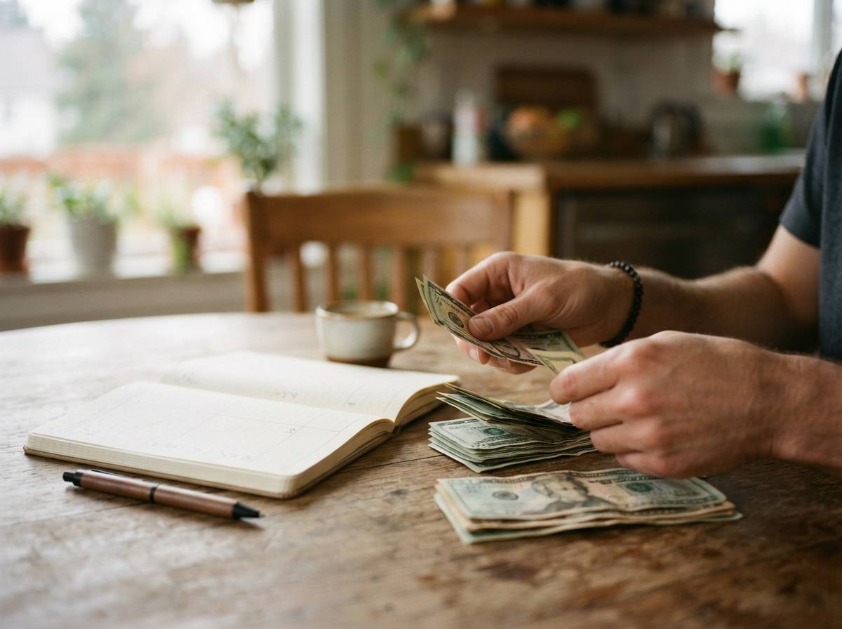 A student organizes cash and bills while budgeting at a table.