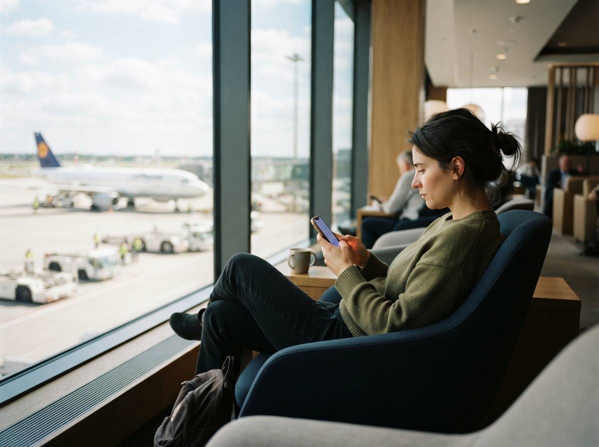 A traveler relaxes in an airport lounge chair while checking a phone near a window.