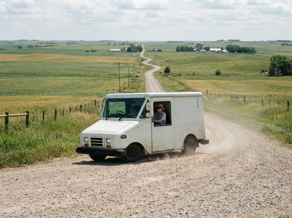 A USPS mail truck drives down a long rural gravel road surrounded by open farmland.