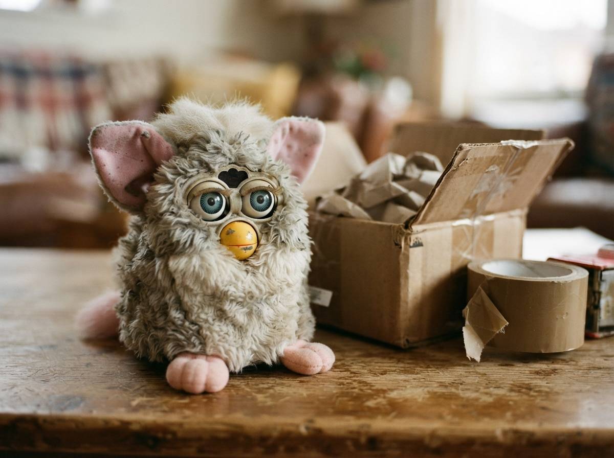 A vintage Furby toy sits on a table next to packing materials, ready to be shipped to a buyer.