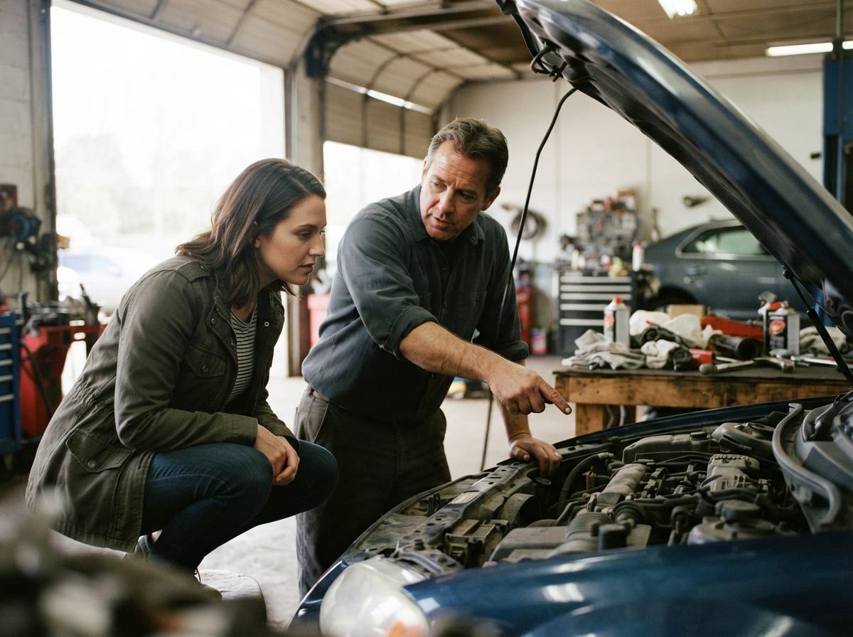 A woman talks with a mechanic while looking under the hood of her car in a repair shop.