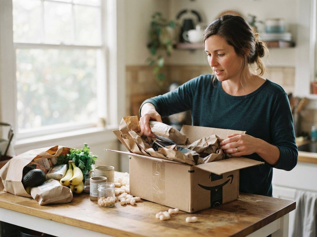 A woman unpacks a cardboard delivery box on her kitchen counter.
