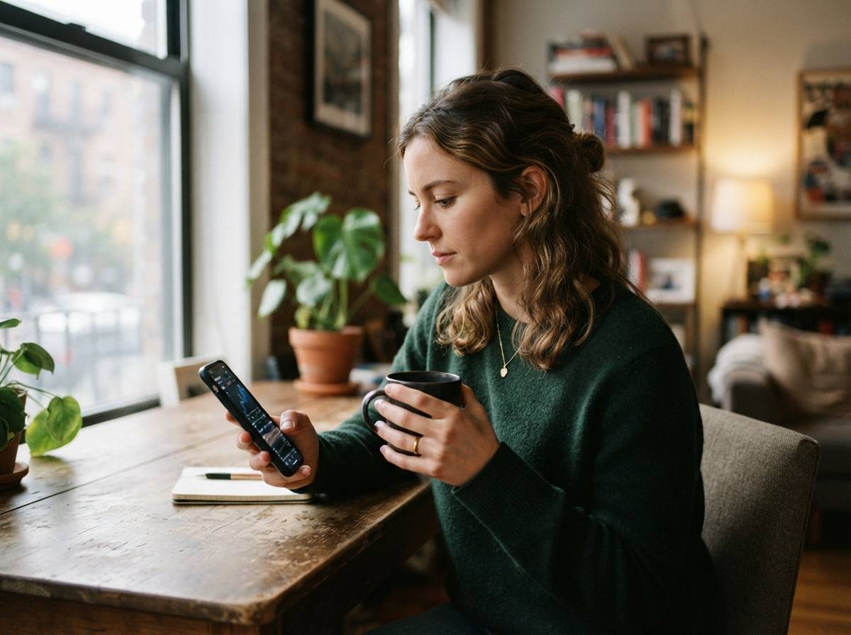 A young professional checks their bank account balance on a phone while holding a coffee mug at home.