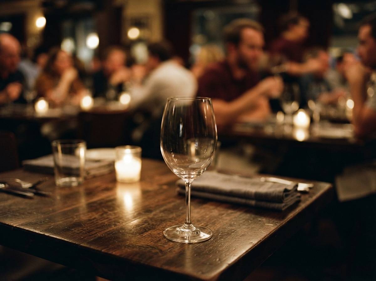 An empty wine glass sits untouched on a table in a dimly lit restaurant.