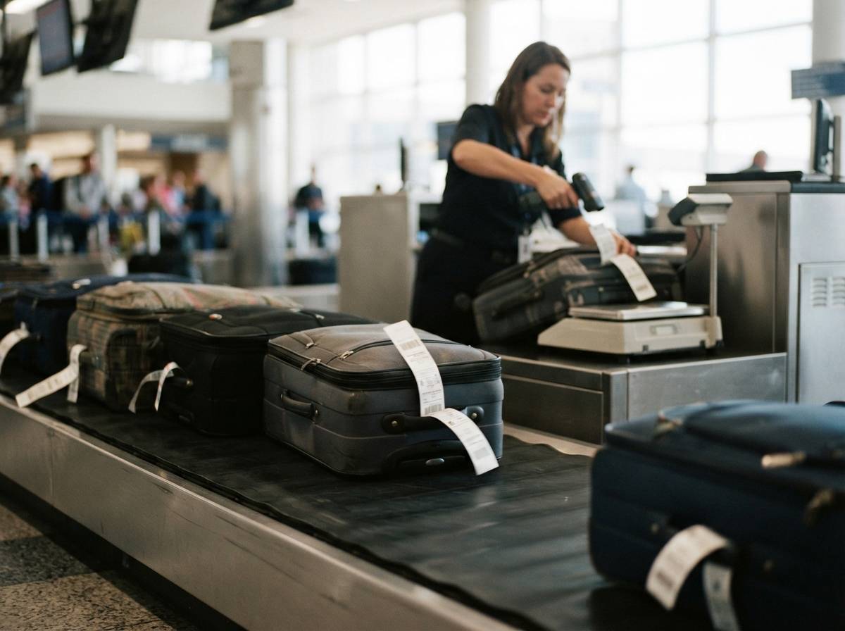 Checked suitcases with luggage tags move along an airport baggage conveyor belt as an agent scans a tag.