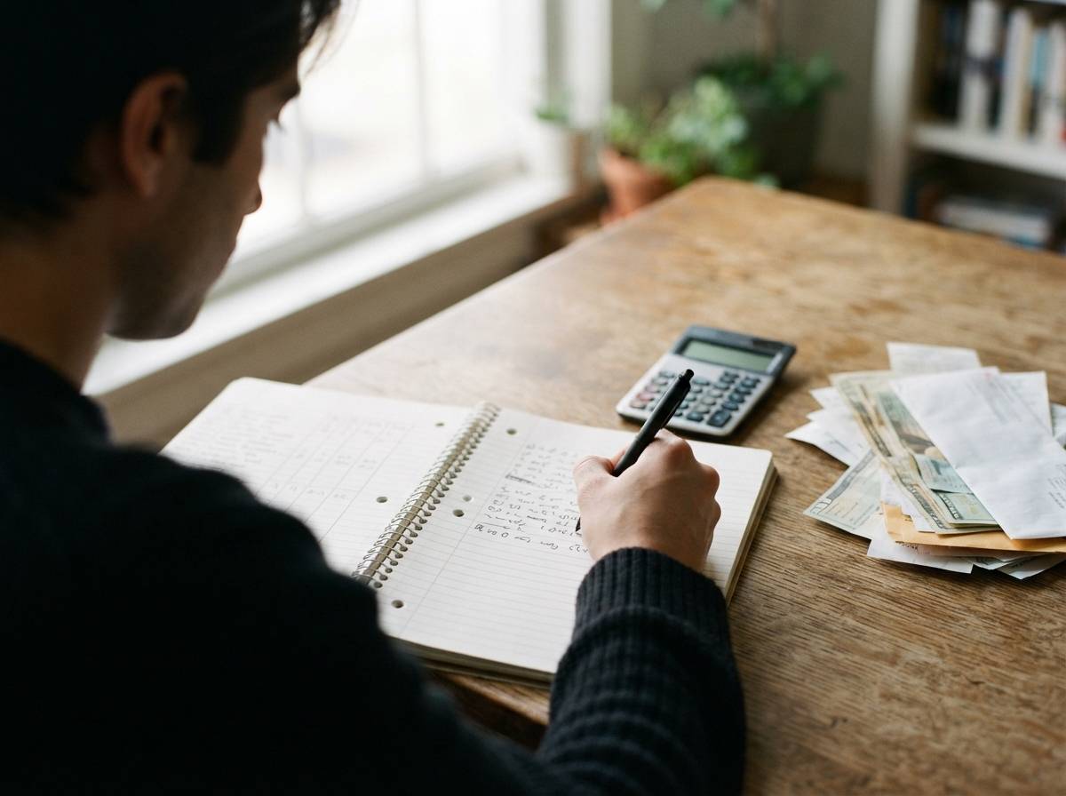 Close up of a hand writing a monthly budget into a notebook beside a calculator and bills.