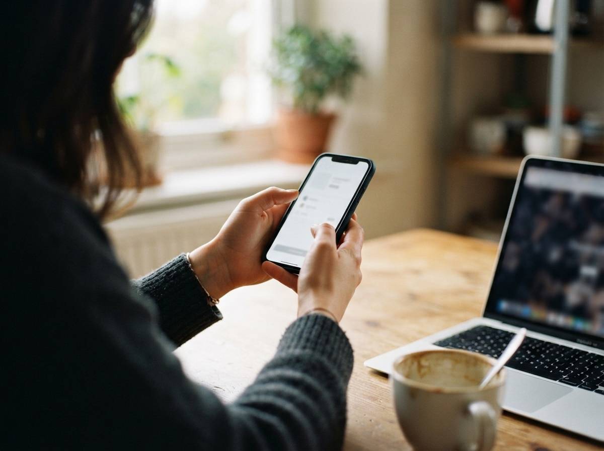 Close up of a person's hands holding a phone while considering a buy now pay later checkout option.