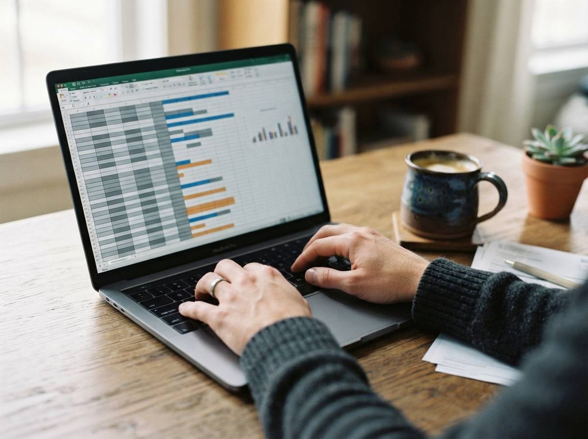 Close up of a person's hands reviewing a household budget spreadsheet on a laptop at a home desk.