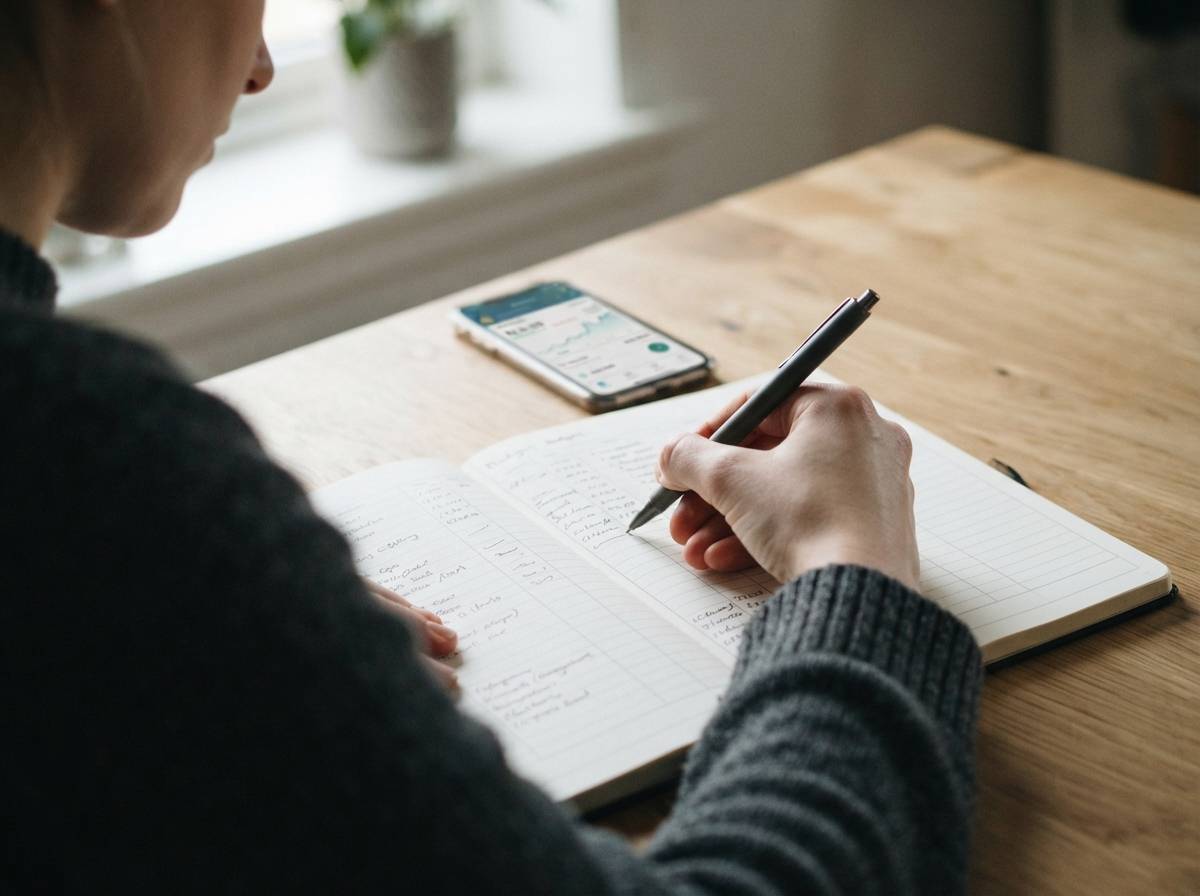 Close up of a person writing monthly expense figures into a savings notebook while planning a sabbatical fund.