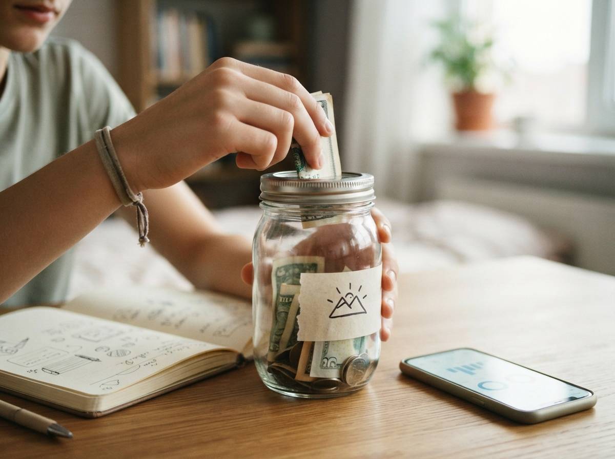 Close up of a teen's hands placing money into a glass savings jar next to a notebook and phone showing a banking app.
