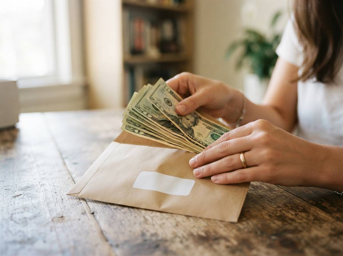 Close up of hands counting cash over an envelope labeled for groceries.